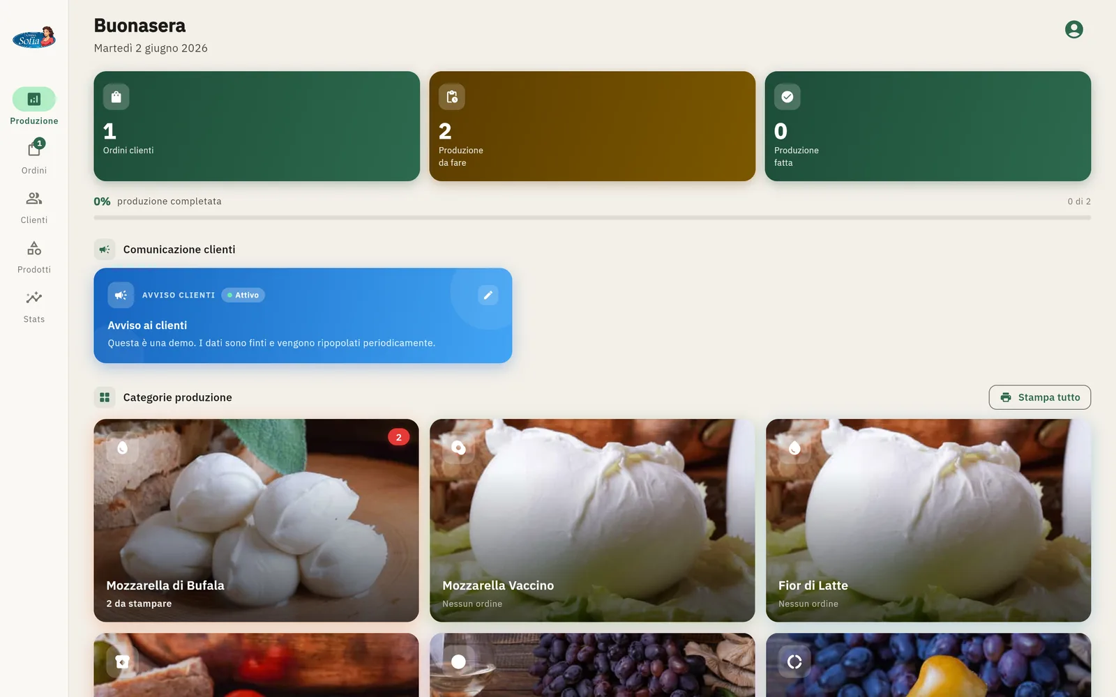 FilieraPro — dashboard di produzione con riepilogo ordini e categorie