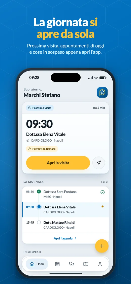 La giornata si apre da sola: prossima visita, appuntamenti di oggi e cose in sospeso